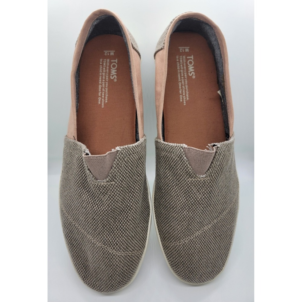 Casual Comfy Toms Men 12 Canvas Loafers Tan Olive Bubble Stitch Great Condition - Picture 6 of 15